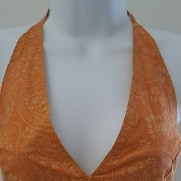 Orange with cream pattern crop top tied at neck and back Small Le Chateau - Picture 2 of 12